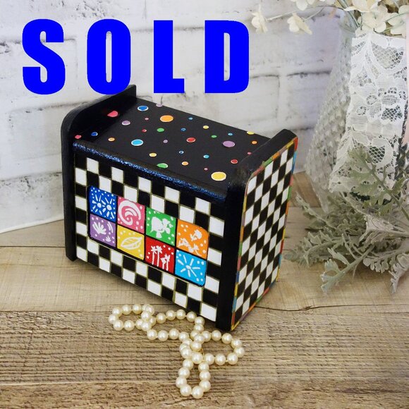 Hand Painted Whimsy Recipe Box Vintage Checks Decorative Box Whimsical Decor - Picture 1 of 9